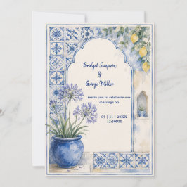 Convites Casamento de Destino com Azulejo Azul e Limão Amal