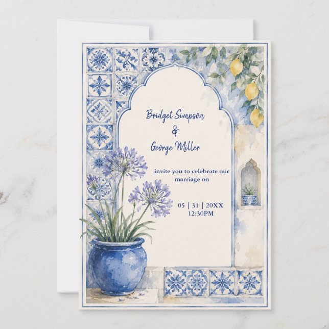 Convites Casamento de Destino com Azulejo Azul e Limão Amal (Frente)