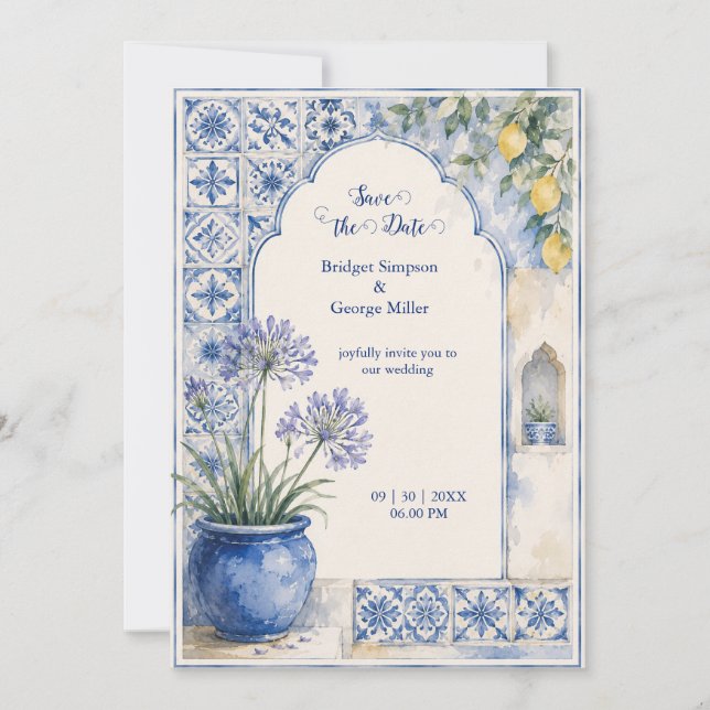 Convites Casamento de Destino com Azulejo Azul e Limão de A (Frente)