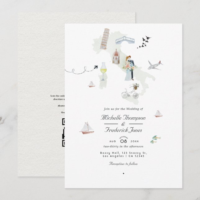 Convites Casamento de destino com código QR italiano em aqu (Frente/Verso)