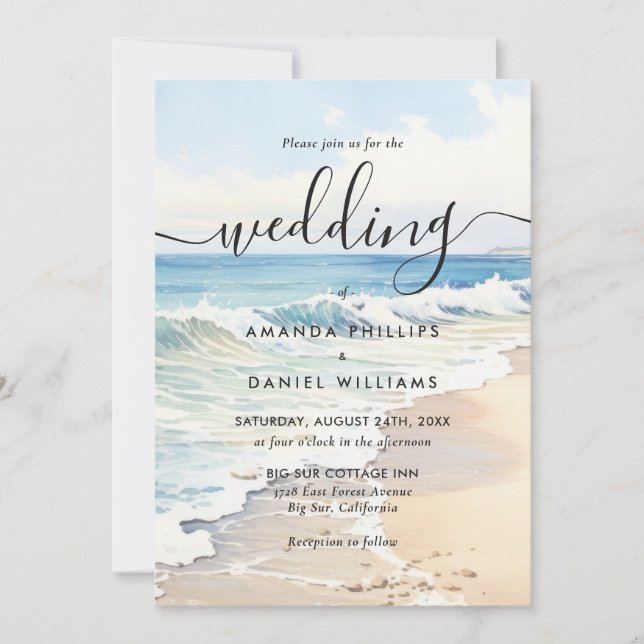 Convites Casamento de Destino com Ondas Rolantes em Aquarel (Frente)