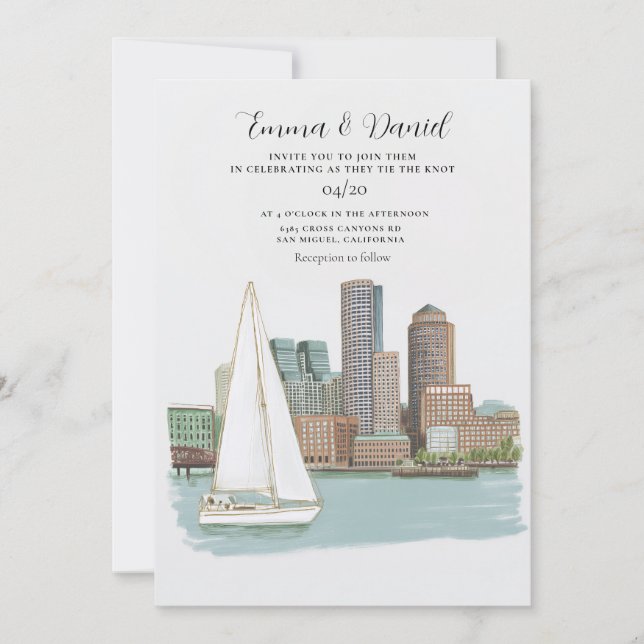 Convites Casamento de Destino com Paisagem da Orla de Bosto (Frente)