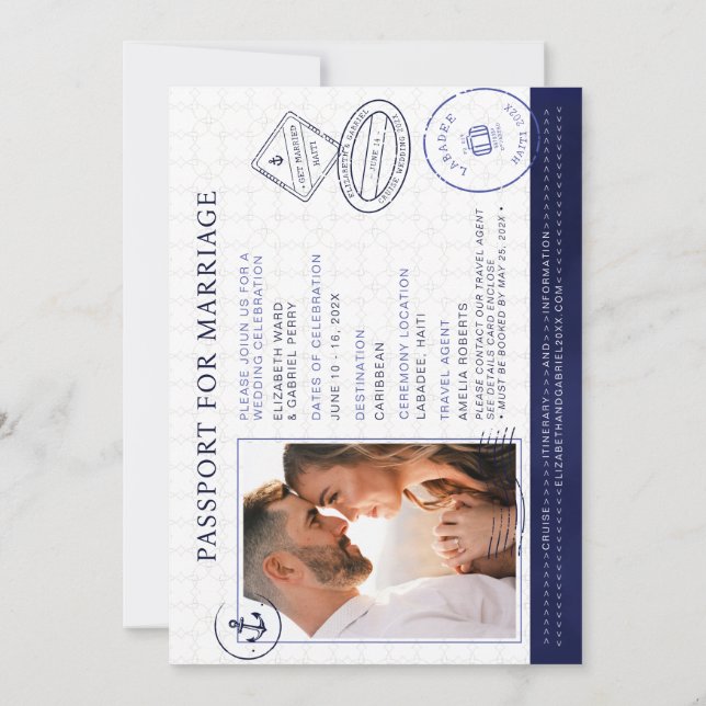 Convites Casamento de Destino Cruzeiro Passaporte Azul-Mari (Verso)