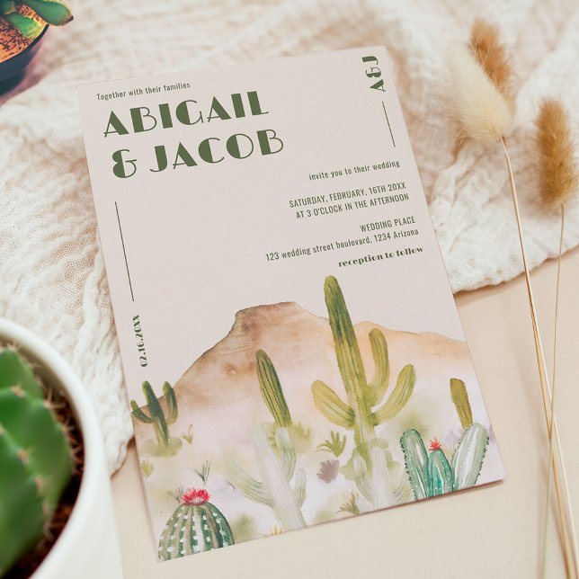 Convites Casamento de Destino da Arizona de Cactus no Deser (Retro Desert Cactus Arizona Destination Wedding Invitation)