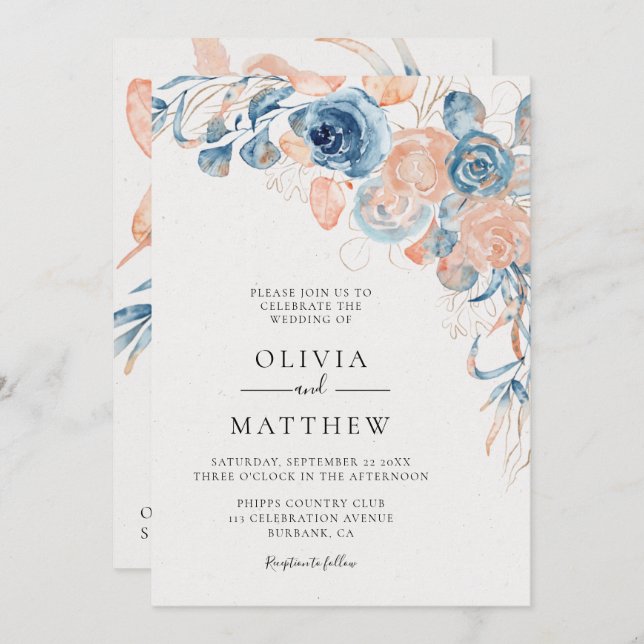 Convites Casamento de Destino de Coral Rosa Azul do Oceano (Frente/Verso)