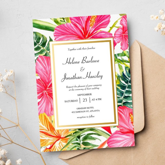 Convites Casamento de Destino de Hibiscus Flores Tropicais (Tropical Flowers Hibiscus Destination Wedding Invitation)