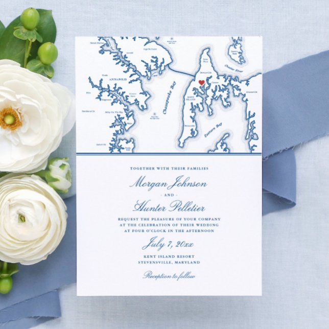 Convites Casamento de Destino de Mapa de Ilha de Kent Maryl (These Kent Island Maryland map wedding invitations are perfect for your destination wedding)