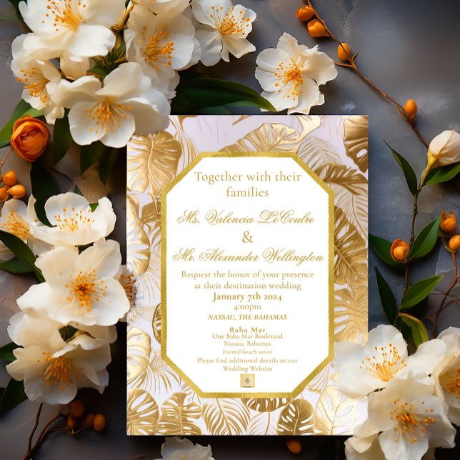 Convites Casamento de Destino de Monstera Dourada Elegante (Elegant Modern Destination Wedding Gilded Gold Monstera Leaf Invitation)
