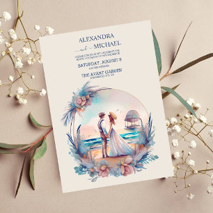 Convites Casamento de Destino de Praia com Aquarela