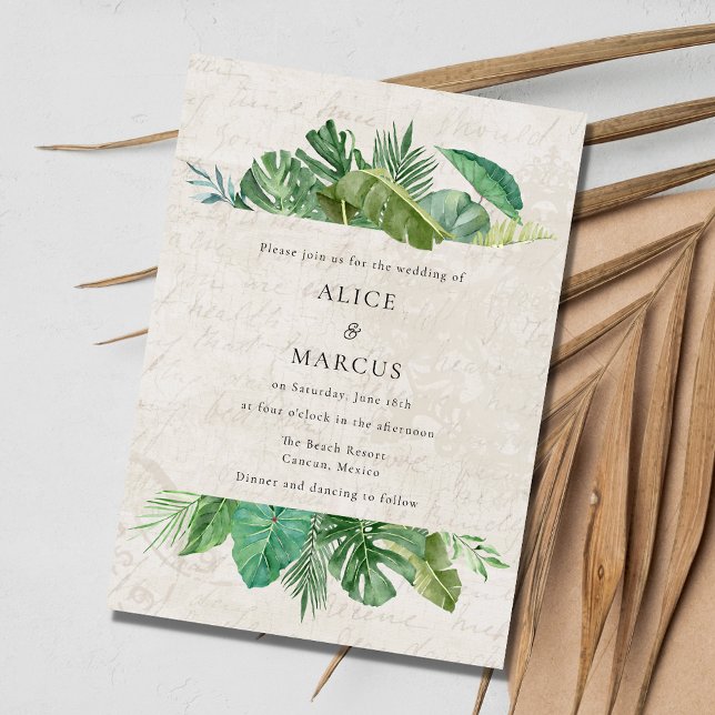 Convites Casamento de Destino de Praia com Papel de Folha T (Tropical Leaf Aged Paper Beach Destination Wedding Invitation)