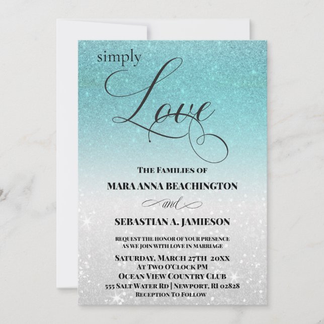 Convites *~* Casamento de Destino de Praia de Aqua Glitter (Frente)