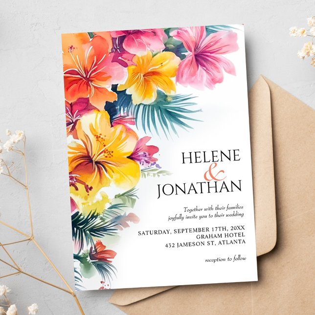 Convites Casamento de Destino de Praia Tropical de Hibiscus (Tropical Hibiscus Ocean Beach Destination Wedding Invitation)