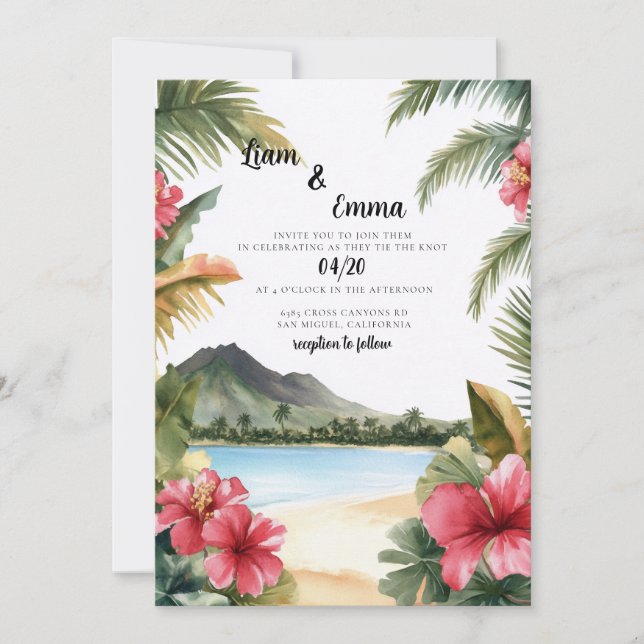 Convites Casamento de Destino de Praia Tropical Havaiana (Frente)