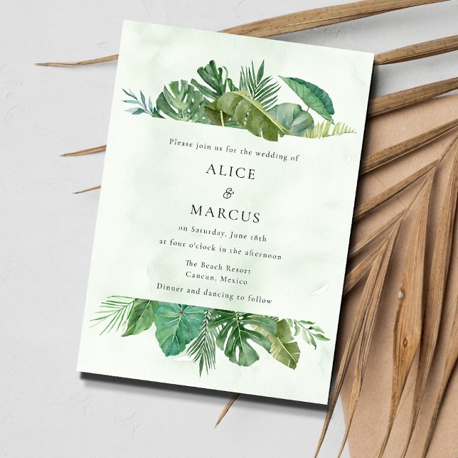 Convites Casamento de Destino de Praia Tropical Palm Leaf B (Tropical Palm Beach Wedding Invitation)