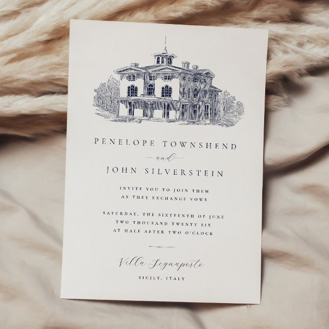 Convites Casamento de Destino de Villa Italiano Elegante (Elegant vintage illustration of an Italian villa on a wedding invitation)