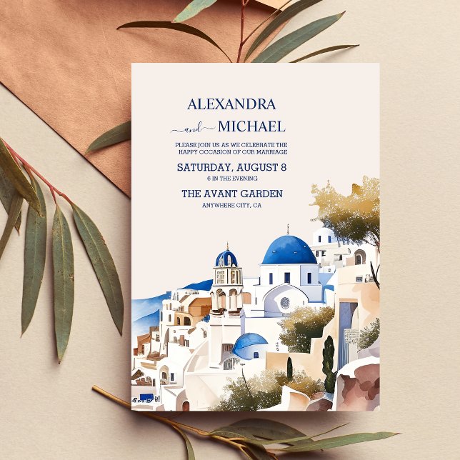 Convites Casamento de Destino de Watercolor Santorini (Criador carregado)