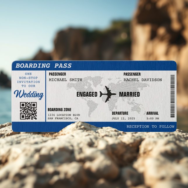 Convites Casamento de Destino do Mapa do Mundo Azul de Emba (Boarding Pass Blue World Map Destination Wedding Invitation
)