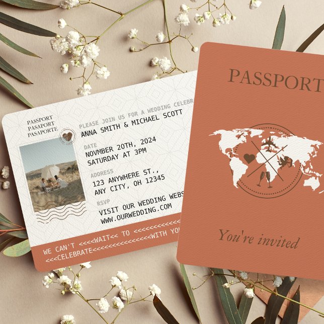Convites Casamento de Destino do Passaporte Terracotta Boho (Criador carregado)