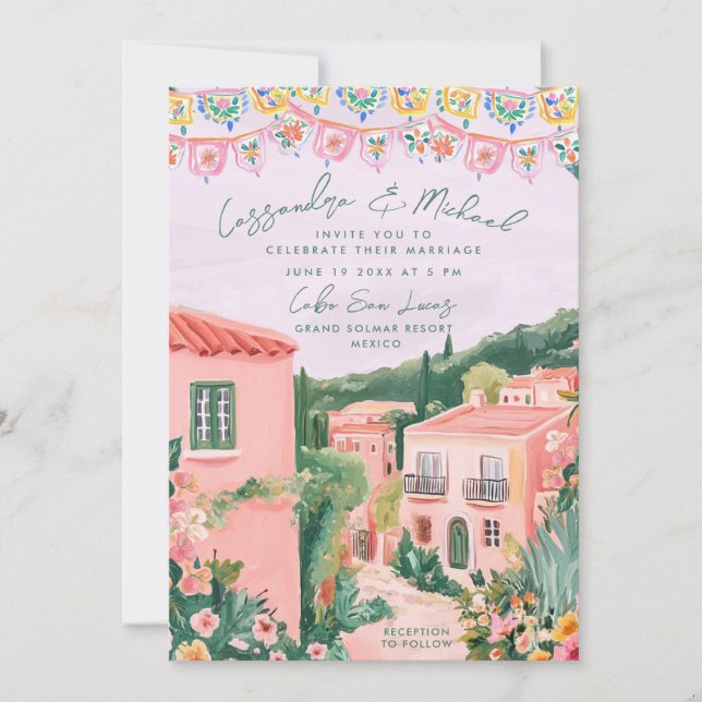 Convites Casamento de Destino em Cidade Mexicana Rosa (Frente)