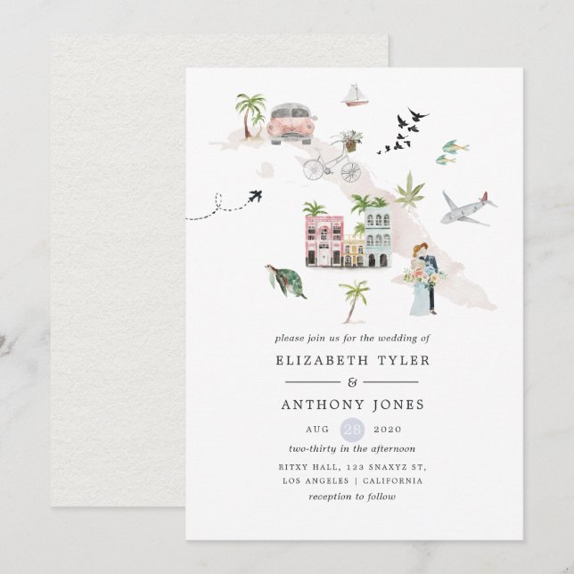 Convites Casamento de Destino em Cuba com Aquarela (Frente/Verso)