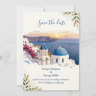 Convites Casamento de Destino em Santorini Azul Aquarela