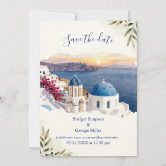 Convites Casamento de Destino em Santorini Azul Aquarela