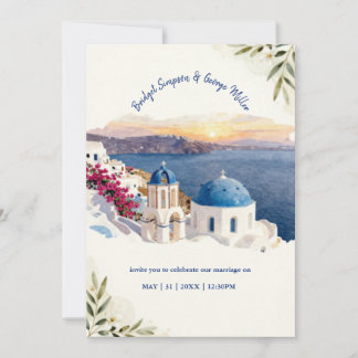 Convites Casamento de Destino em Santorini com Aquarela Azu