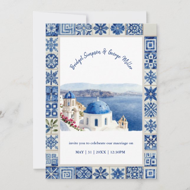 Convites Casamento de Destino em Santorini com Azulejos Azu (Frente)