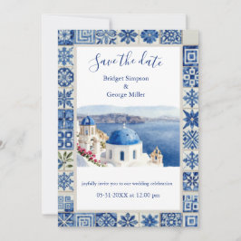 Convites Casamento de Destino em Santorini com Azulejos Azu