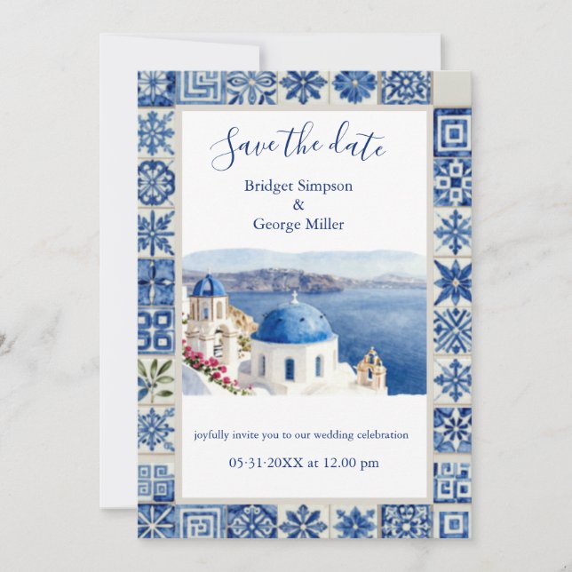 Convites Casamento de Destino em Santorini com Azulejos Azu (Frente)