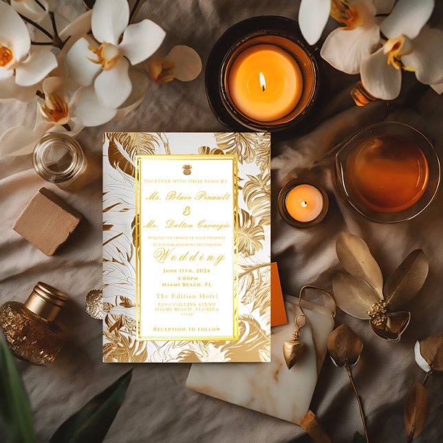 Convites Casamento de Destino Formal Monstera Dourada Gilde (Formal Elegant Gilded Gold Destination Wedding Tropical Invitation)