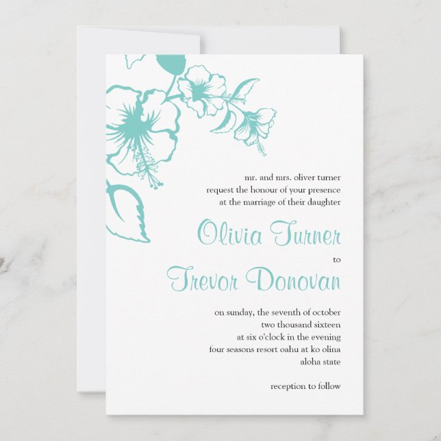 Convites Casamento de Destino Hawaii Turquoise Hibiscus (Frente)