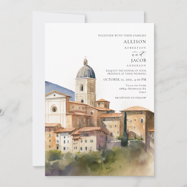 Convites Casamento de Destino Italiano de Aquarela (Frente)