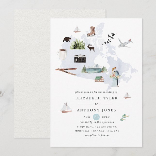 Convites Casamento de Destino no Canadá com Aquarela (Frente/Verso)