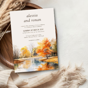 Convites Casamento de Destino no Lago Outonal com Aquarela
