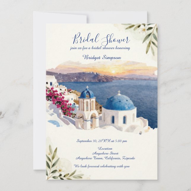 Convites Casamento de destino Santorini Blue (Frente)