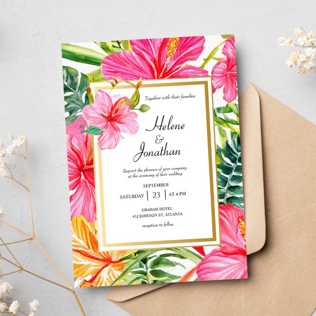 Convites Casamento de Destino Tropical de Hibiscus Watercol (Hibiscus Watercolor Tropical Destination Wedding Invitation)