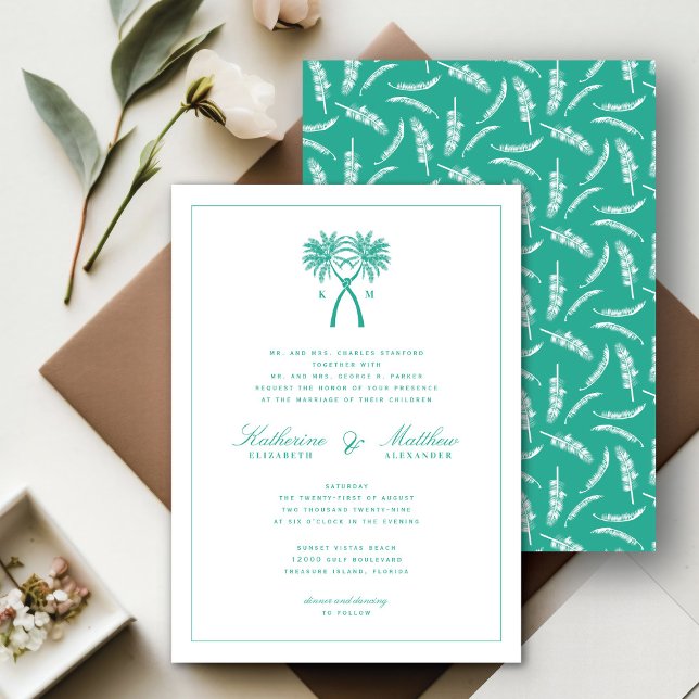 Convites Casamento de Destino Tropical de Palmeiras (Knotted Palm Trees Tropical Destination Wedding Invitation @ fatfatin_blue_knot)