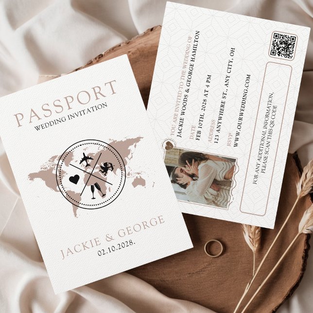 Convites Casamento de Destino Único de Passaporte Suíno Suí (Destination Wedding Passport Budget Friendly Invitation Beige Minimalist Elegant Aesthetic Travel)