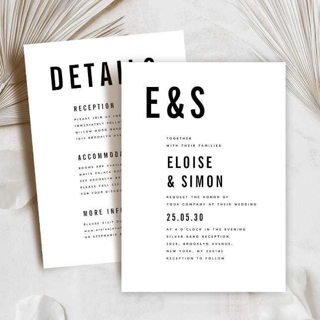 Convites Casamento de Detalhe do Monograma de Grande Negrit (Modern minimalist bold initials typography  details wedding invitation)