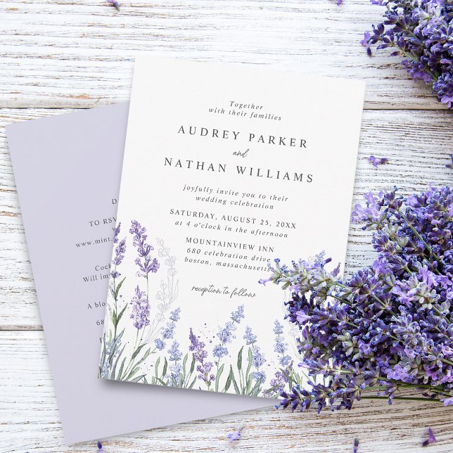Convites Casamento de Detalhes do Campo de Lavanda de Aquar (Elegant Watercolor Lavender Field Details Wedding Invitation)