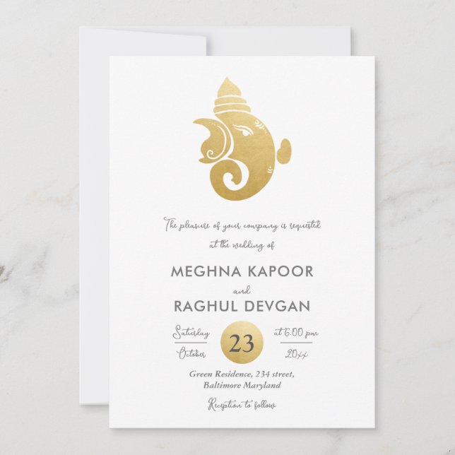 Convites Casamento de Deus Indiano Clássico Faux Gold Foil  (Frente)