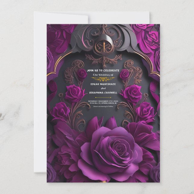 Convites Casamento de Dia das Bruxas de Rosa Roxo Negro Gót (Frente)