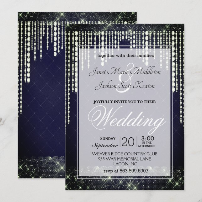 Convites Casamento de Diamante Azul marinho (Frente/Verso)