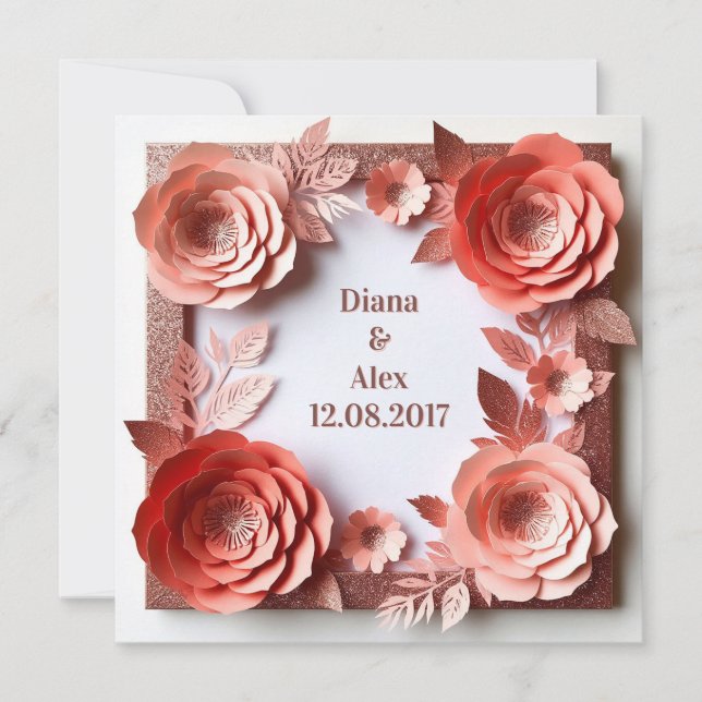 Convites Casamento de Diamante Floral Rosa (Frente)