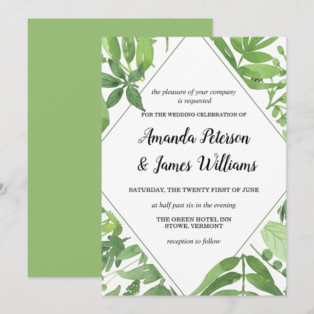 Convites Casamento de diamante verde-prado de Chic Watercol (Frente/Verso)