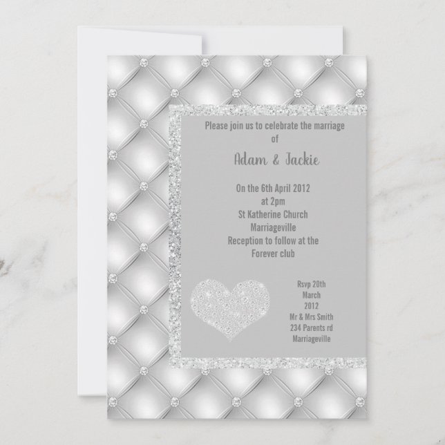 CONVITES CASAMENTO DE DIAMANTES DE CINZA DE PRATA ELEGANTE (Frente)