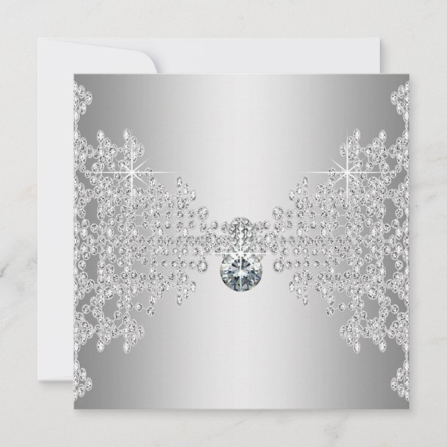 Convites Casamento de Diamantes e Prata Elegantes (Frente)