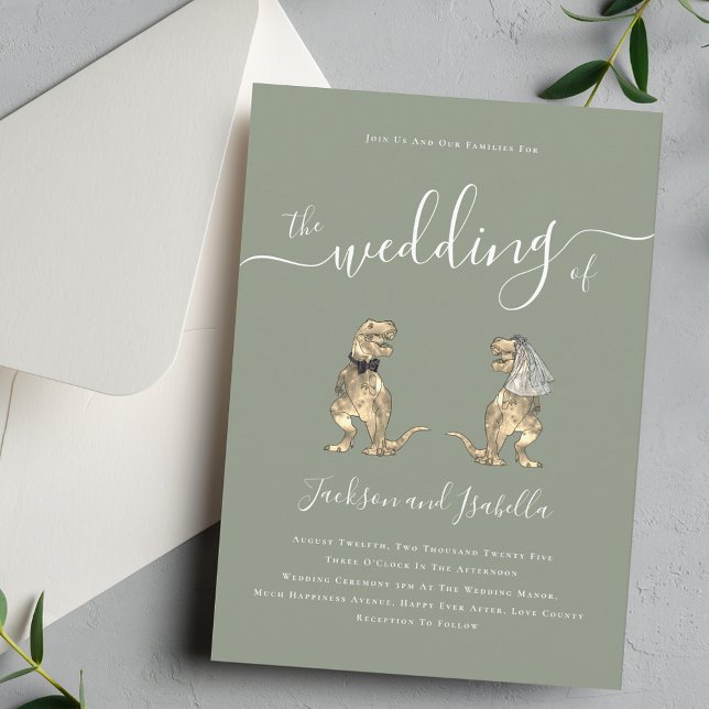 Convites Casamento de Dinossauro Boho Verde Sage (Whimsical boho Dinosaur T-Rex bride and groom elegant sage green wedding invitation )