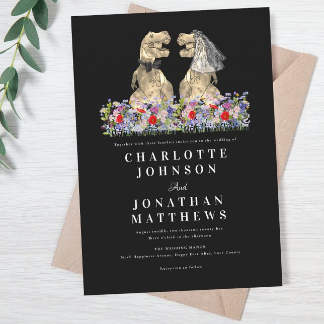 Convites Casamento de Dinossauro Preto e Branco de Flor Sil (Wildflower boho rustic Dinosaur black and white wedding invitation Fun T-Rex bride & groom dino)